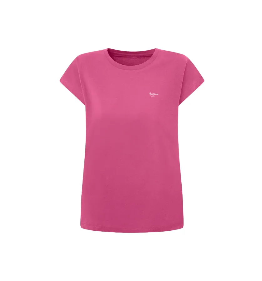 Ribbed Collar Trim Pepe Jeans maglietta manica corta da donna con logo stampato Lory PL505853 363 rosa